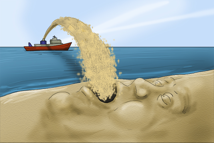 The beach was hungry for nourishment so the boat crew found a way to give it large amounts of sand.